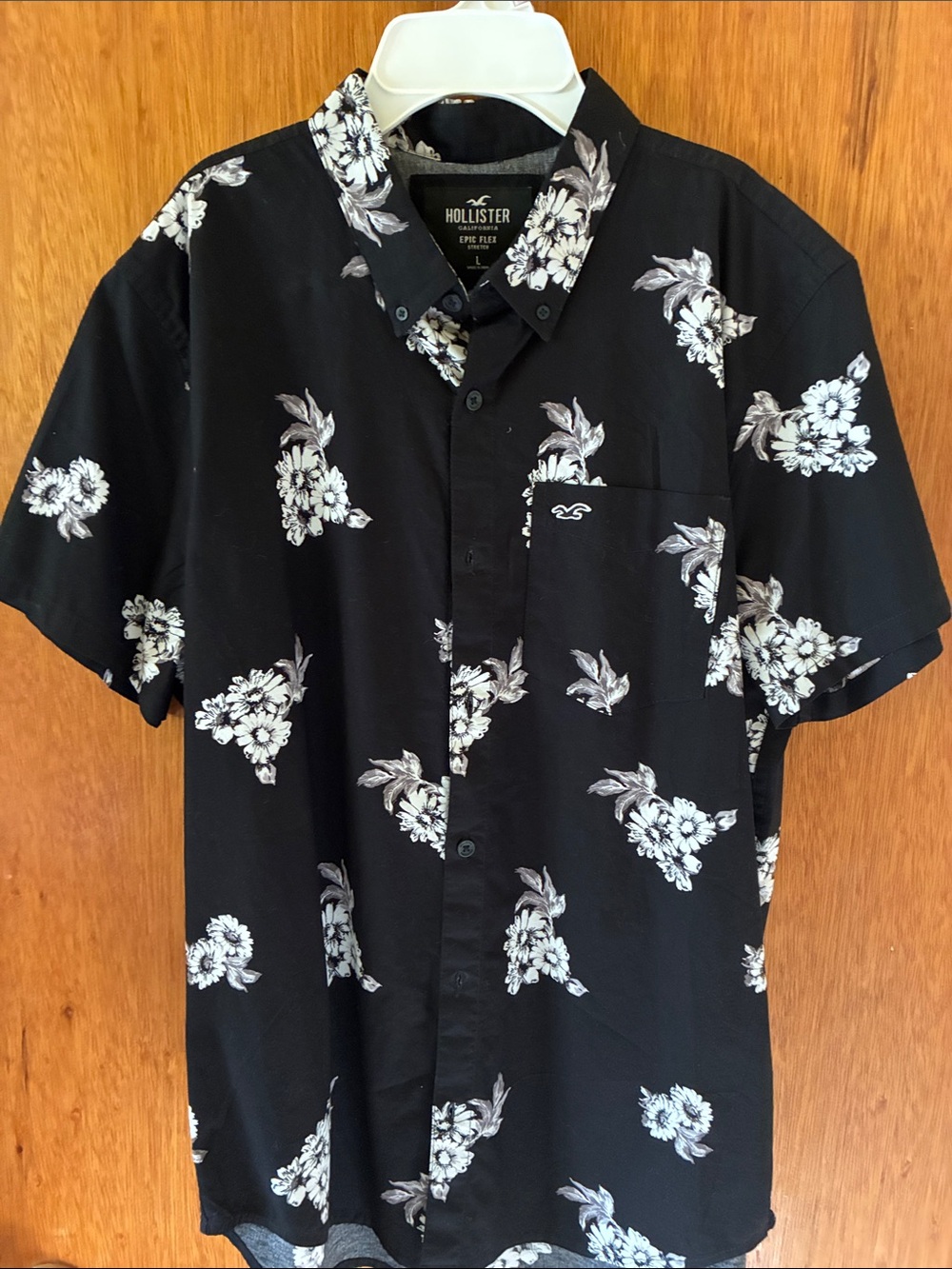 Hollister Black Short-Sleeve Button-Down with White Floral Print